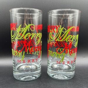 Set of 2 Vtg CRISA Christmas Merry Highball Glasses Red Green Holiday Tumblers